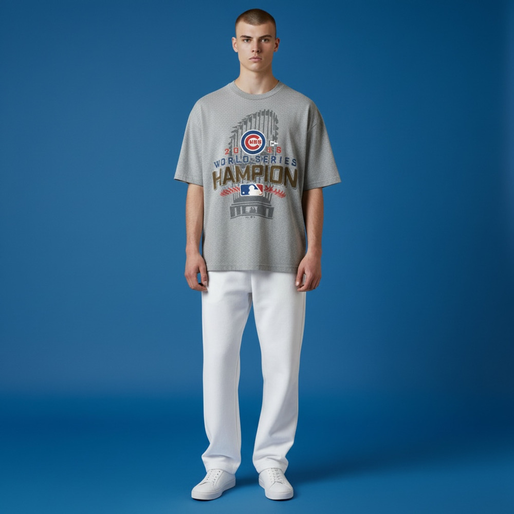 Chicago Cubs 2016 World Series Champions MLB Graphic Gray and Blue T-Shirt